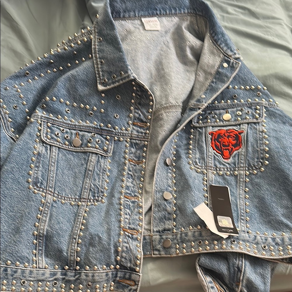 Studded Denim Jacket With Bear Patch - image 1